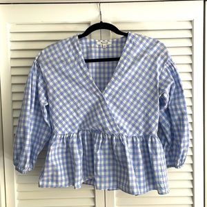 MADEWELL Bubble-Sleeve Peplum Top in Gingham Check X-SMALL Light Blue
